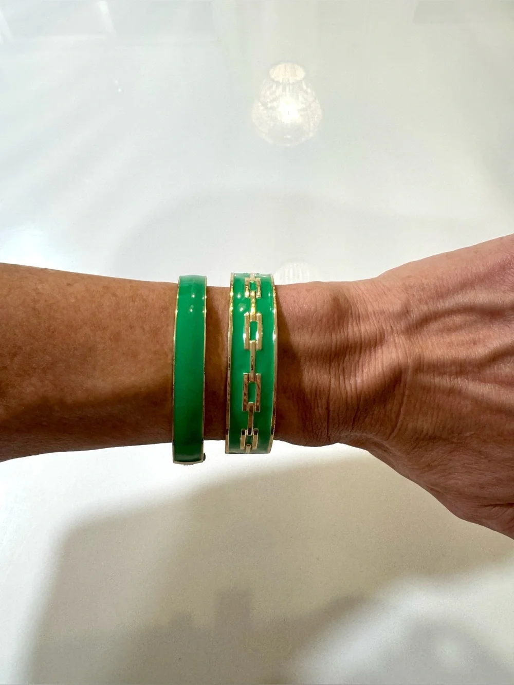 Green Enamel Gold Hinged Bangle Bracelet Set of 2 Kelly Green